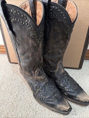 Stetson Black and Tan Studded Leather Cowboy Boots